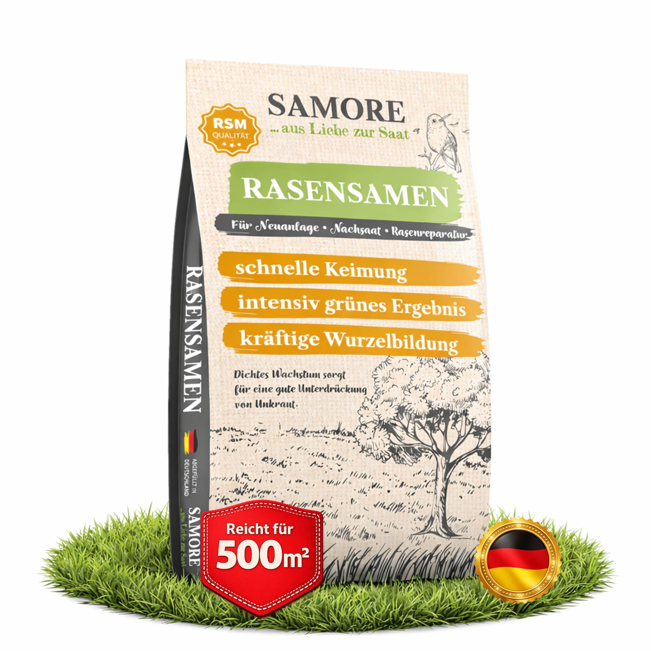 samore- Rasensamen schnellkeimend I Nachsaat Rasen I Extrem hohe Keimrate I Rasensamen trockenresistent zur schnellen Lückenschließung I Rasennachsaat RSM Qualität (10 kg für 500 m²)