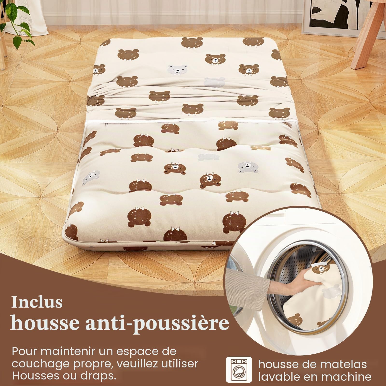 FANTASK Matelas Tatami avec Housse Lavable - Futon Japonais - Pliable - avec Sac de Transport - 90 x 200 cm - Ours Marron