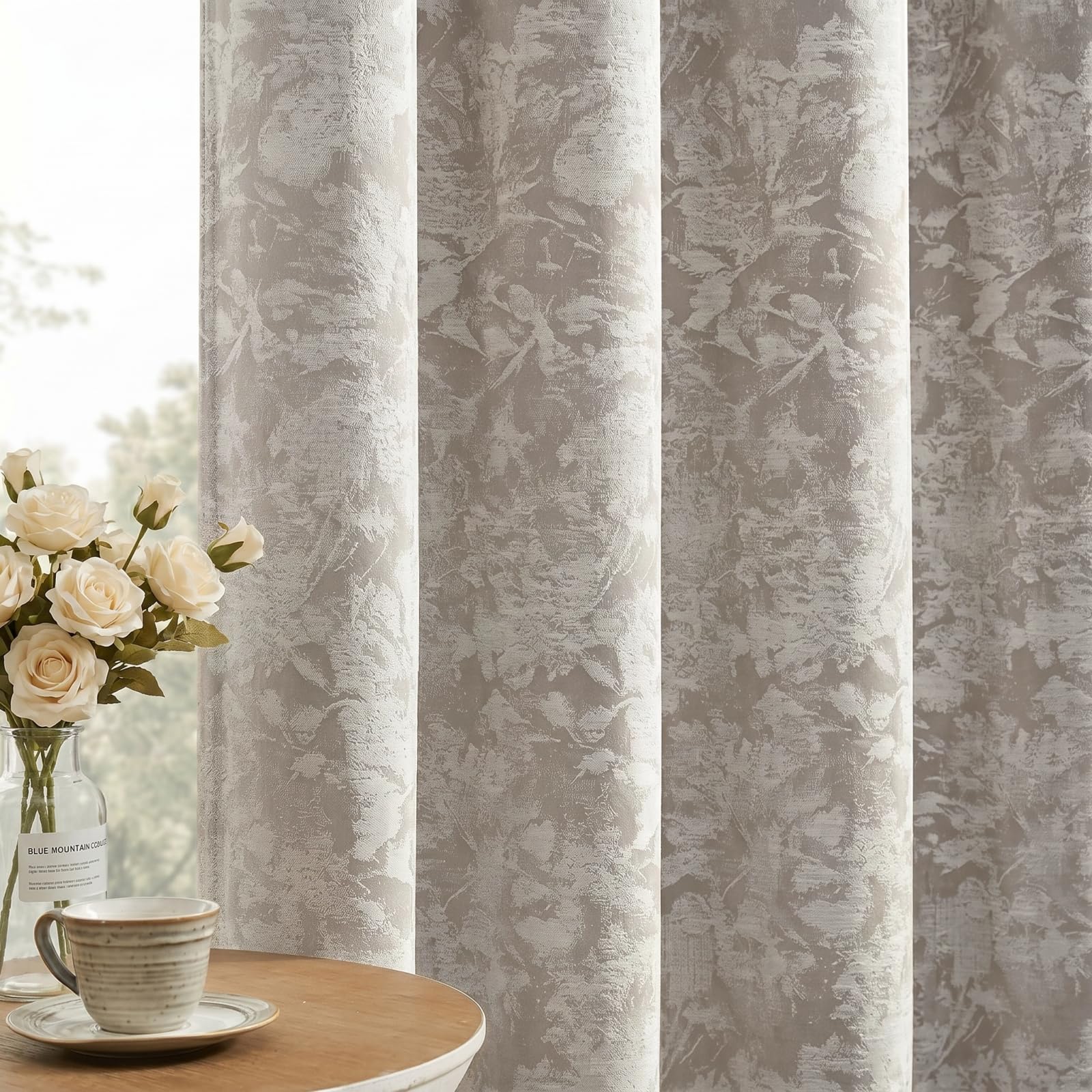Gazal Vole Beige Jacquard Floral Curtains for Living Room, 87 inch Drop, 85-95% Room Darkening Eyelet Window Drapes, 2 Panels, Printed Jacquard-Effect Curtains for Bedroom & Office, Thermal Insulated