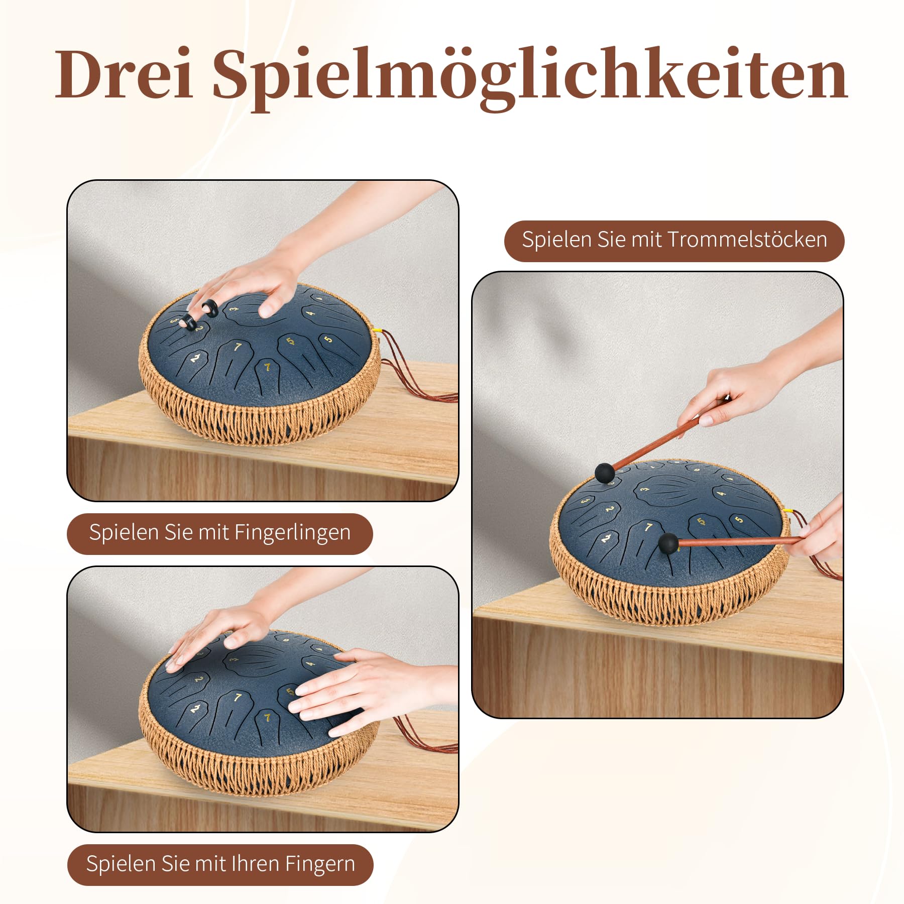 Steel Tongue Drum - 33 cm - Tambour à langue en acier à 15 tons - Instrument de musique à main pour adultes et enfants - Avec carnet de partitions, maillets et sac de transport - Do majeur - Bleu