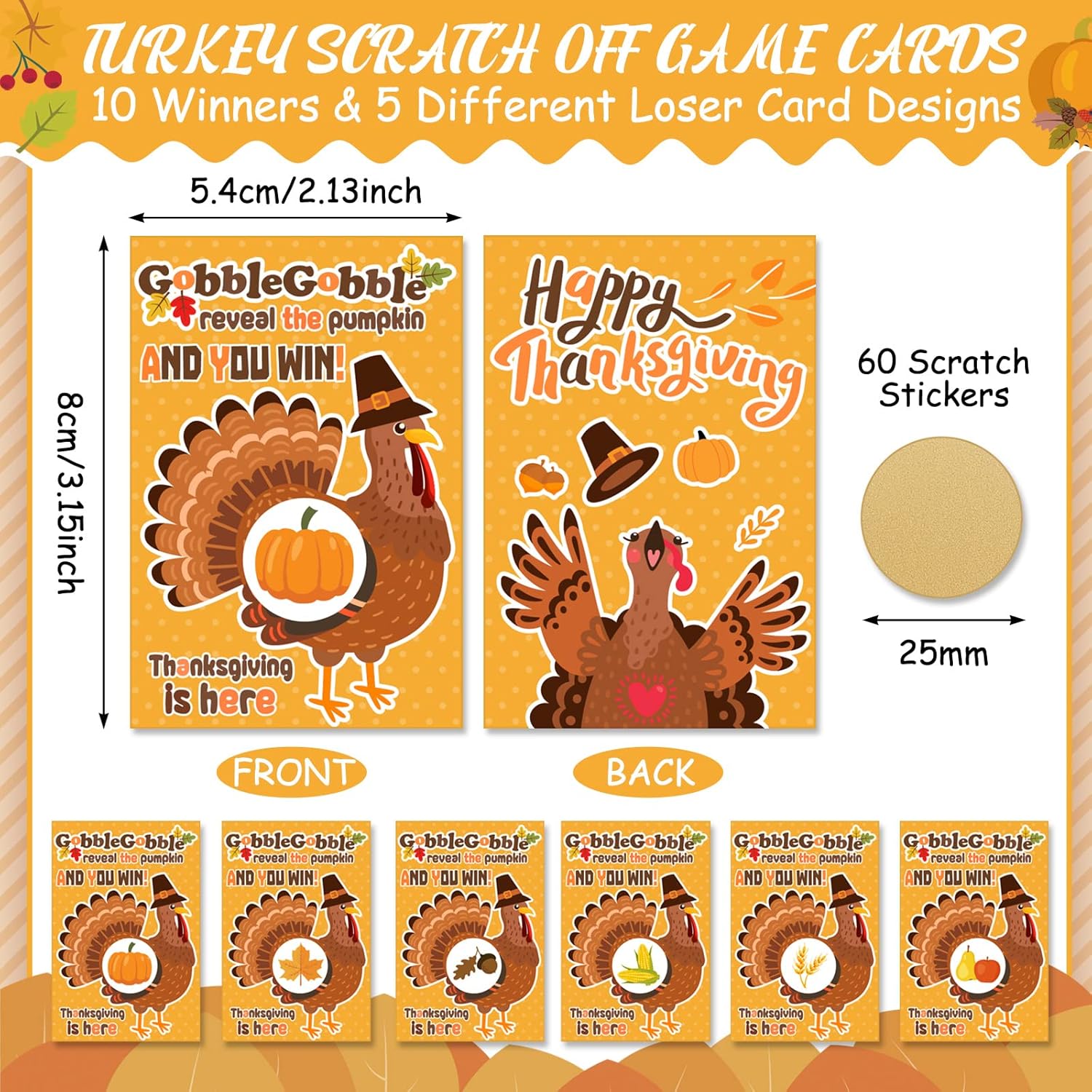 Henoyso 60 Set Happy Thanksgiving Scratch Off Game Cards Thanksgiving Turkey Fall Festival Party Game Activities for Adults 10 Winners 50 Loser Card Designs for Family Group Fun Dinner Activities