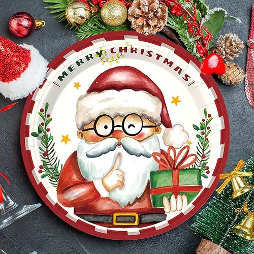 Miniatura 2 de Homlouue 200 platos y servilletas de papel de Navidad, bonitos suministros de fiesta de Navidad de Papá Noel, juego de vajilla desechable de