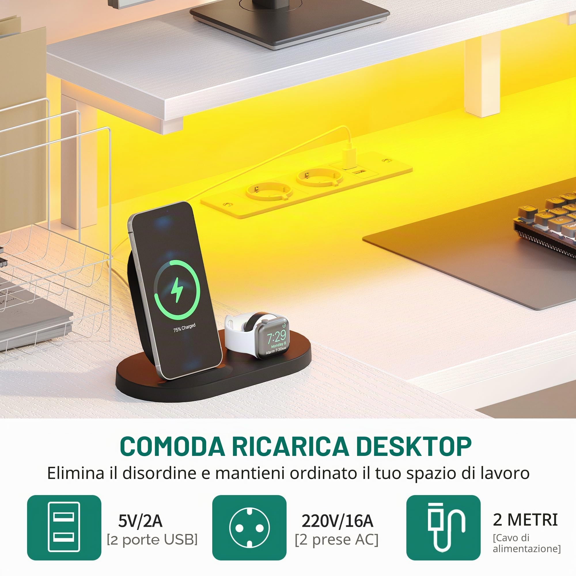 YITAHOME Scrivania angolare con 4 cassetti e spazio di archiviazione, scrivania da gioco con LED e supporto per monitor per casa, ufficio, scrivania angolare reversibile con 2 prese e 2 porte di