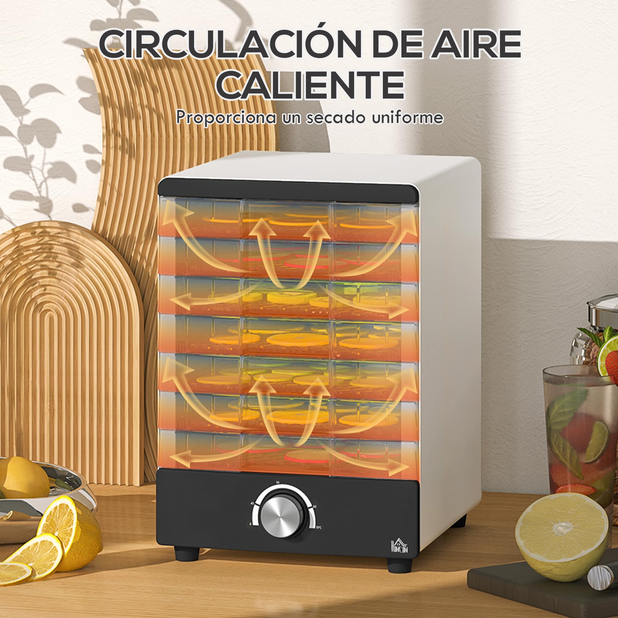 HOMCOM Deshidratador de Alimentos 350W con 7 Bandejas Temperatura Regulable 40-70 ℃ Deshidratadora para Frutas Verduras y Golosinas para Mascotas Blanco