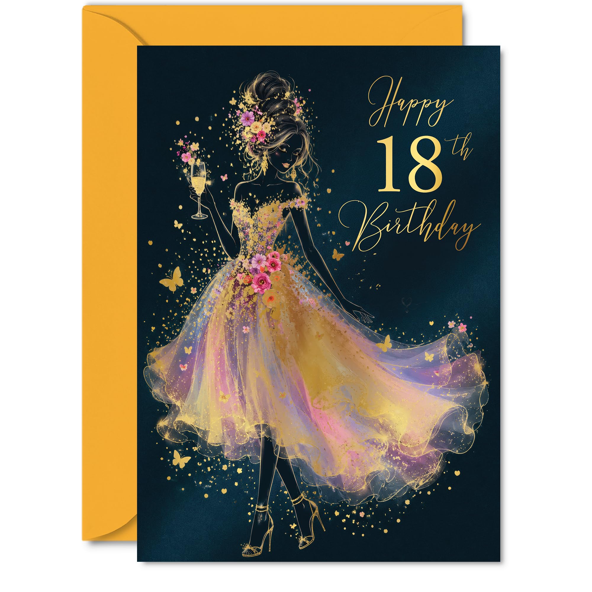 Milestone 18th Birthday Card - Celebrate in Sparkling Style - Glamorous Silhouette with Gold-foil Effect, Butterflies and Champagne - A5, Envelope Included
