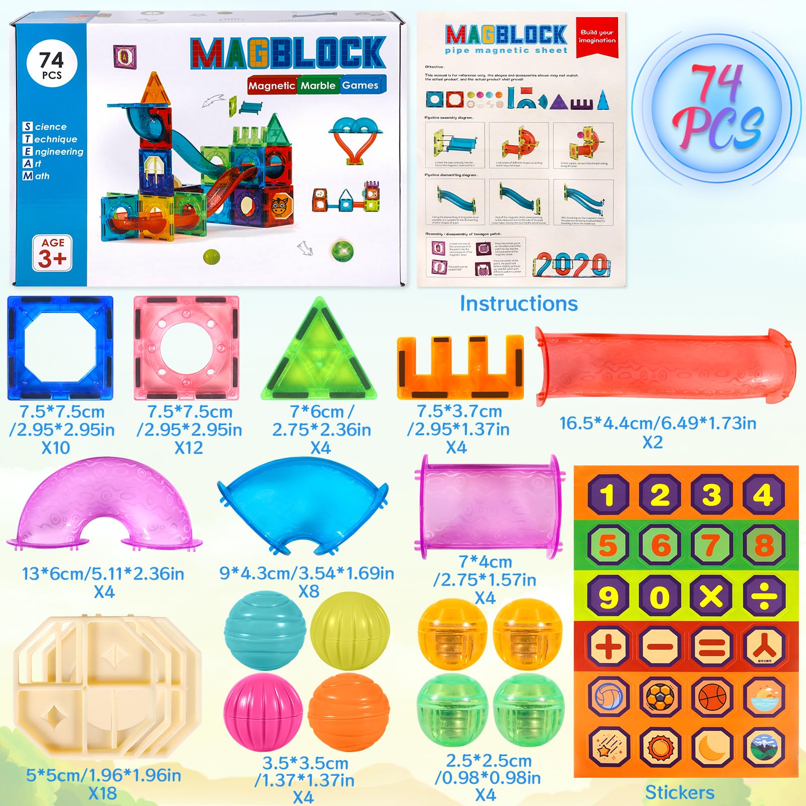 JUQG 74 Pcs Bloques de Construcción Magnéticos, Juego Construcción en 3D con Tuberías, Juguetes de Bloques de Construcción Educativos, Juguetes de Construcción para Niños para Niños Niñas 3+ (74Pcs) — view 2