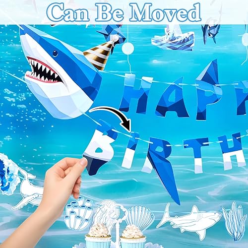 Miniatura 5 de Paper Jazz Decoración de tiburón oceánico, decoración de fiesta de tiburón ballena para pared, pancarta de cumpleaños bajo el mar con remolinos