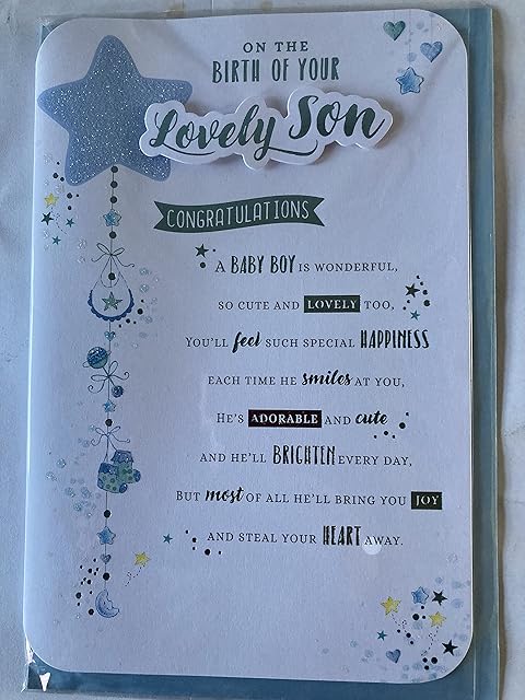 On The Birth of Your Lovely Son Congratulations New Baby Boy Born Card Blue Glitter Star/Words 3D/Glitter/Foil Detail(PRELUDE47316)