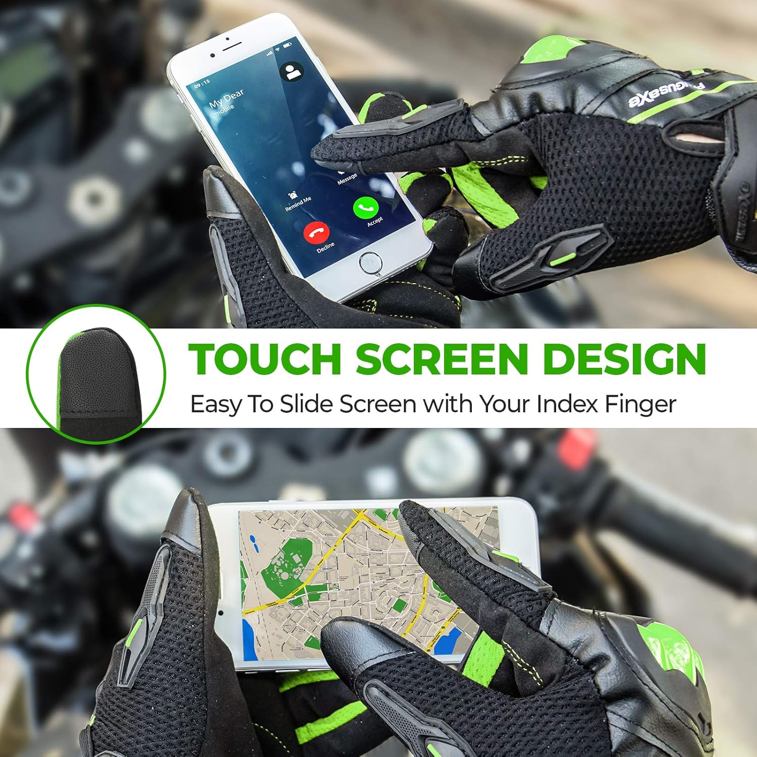 kemimoto Motorcycle Riding Summer Gloves Men Women, Moto Dirt Bike Touchscreen Motocross Bicycle Motorcycling Gloves Outdoor Driving ATV Off-Road Hard Knuckle Powersports Breathable Gloves (Green, XL) : Automotive