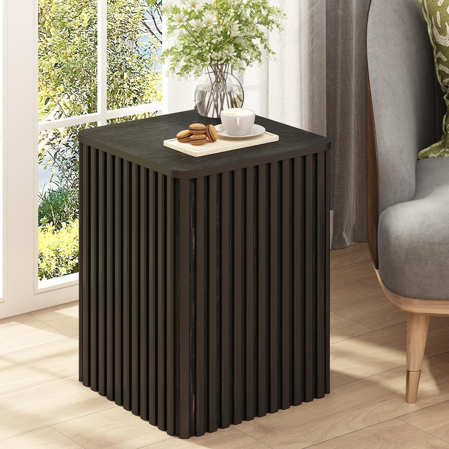 Fluted Side Table with Storage-Small Square End Table with Solid Wood Veneer Top, Accent Tables Modern Farmhouse Pedestal Drink Tables for Couch Sofa Living Room, Rustic Brown