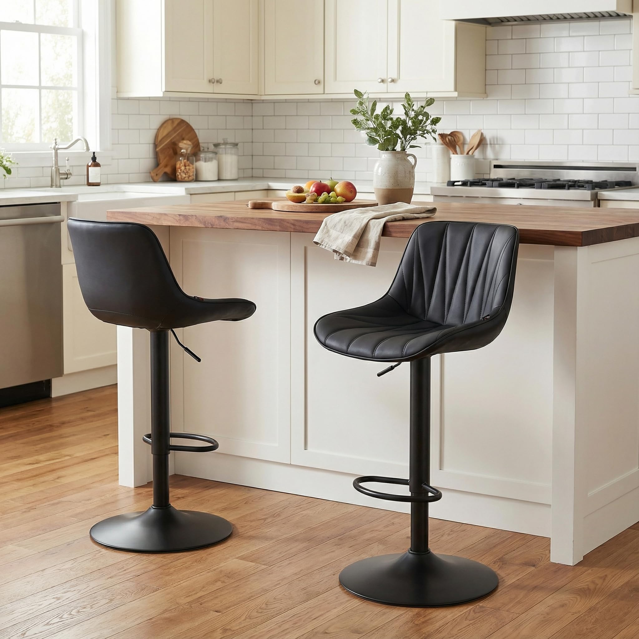 YOUNIKE Bar Stools Set of 2 for Kitchen Island, Black Swivel Tall Bar Stools, Adjustable Barstools with Back, Faux Leather Padded Stools, Modern