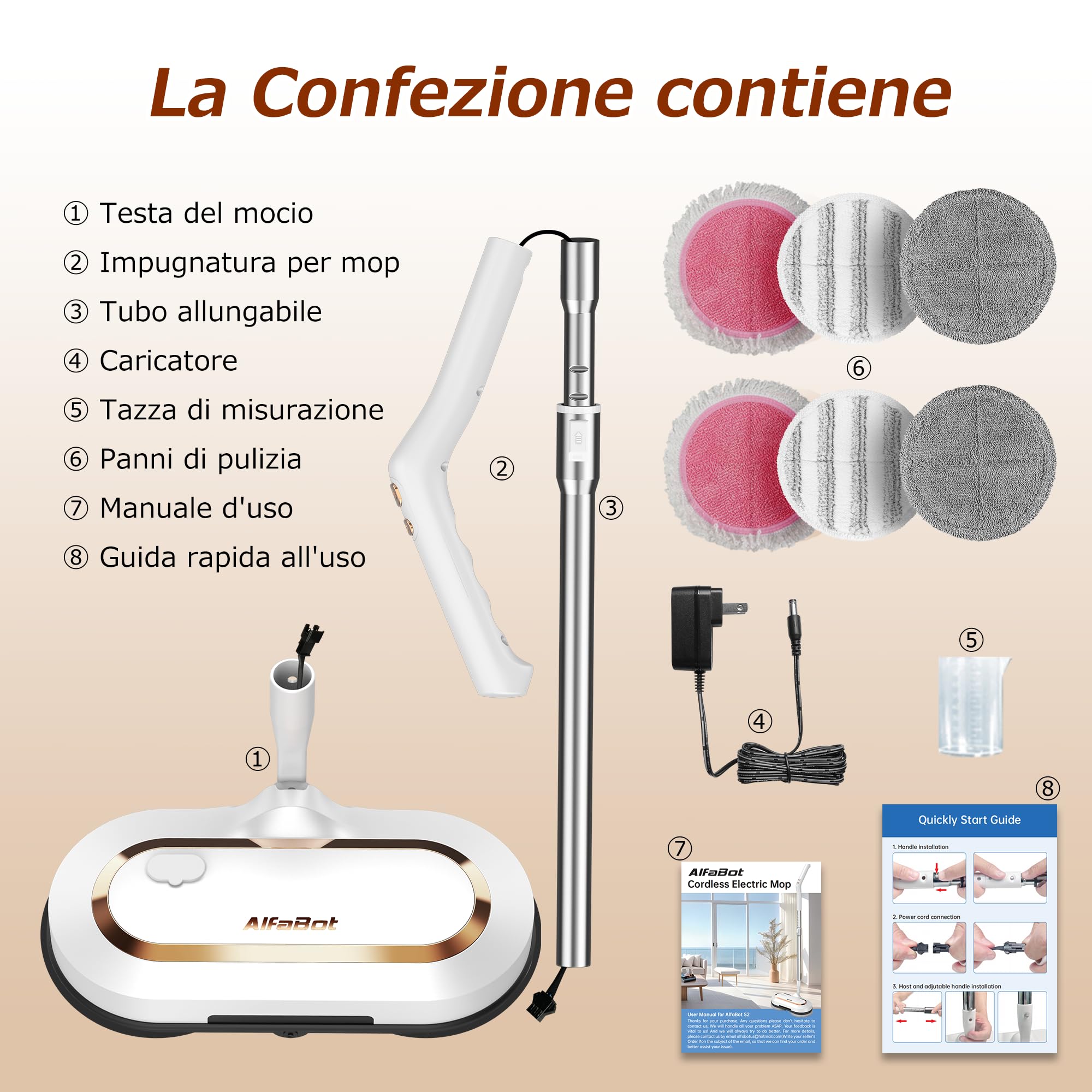 AlfaBot S2 Mocio Elettrico Cordless, 400ML Serbatoio, 60min di Autonomia, Mop Elettrico Lavapavimenti senza Fili con Faro LED e Spruzzatore, per Pavimenti in Legno Duro e Piastrelle