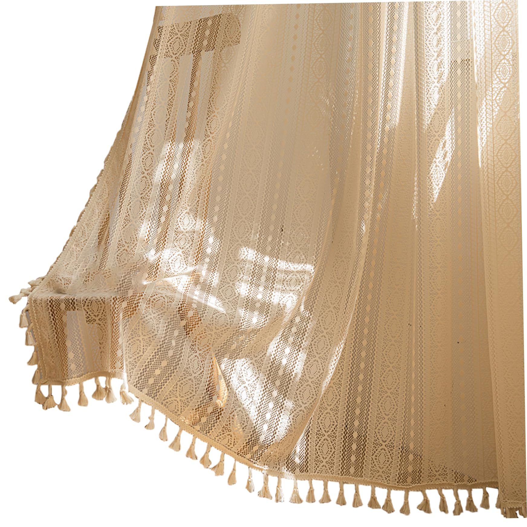 CAKEEYUM 2 Panels Boho Curtains 58x84 inch Rod Pocket Semi Sheer Crochet Boho Lace Curtains with Tassel for Bedroom Living Room