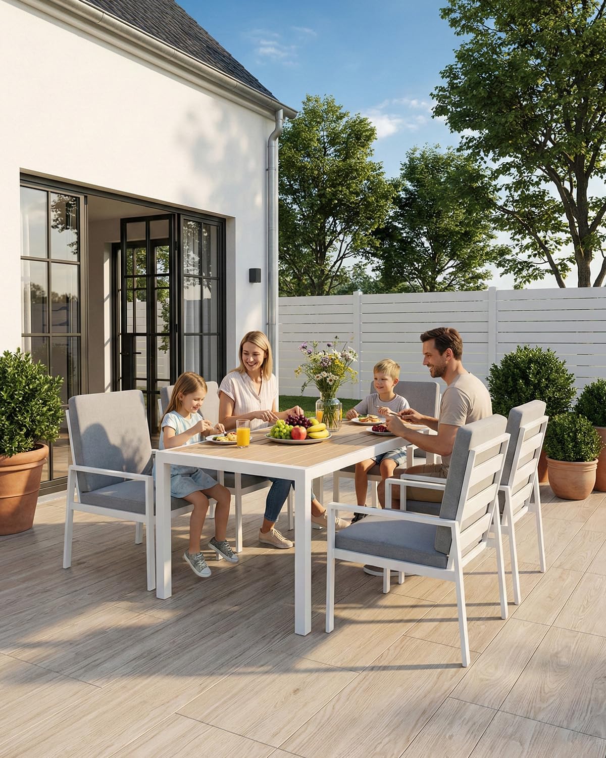 LANOX Gartenmöbel Set mit Tisch & 4 Stühlen – 5-teiliges Garten Essgruppe aus Metall & Aluminium, 140×80 cm Gartentisch, wetterfest, mit Kissen & WPC Tischplatte, Weiß