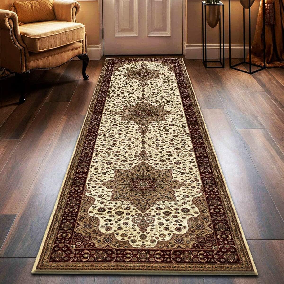 householdfurnishing Vintage Traditional Non Slip Rug Bedroom Living Room Carpet Mat Runners Floral Pattern Wide Area Persian Style Rugs (60 x 220 cm - Long Runner, Cream)