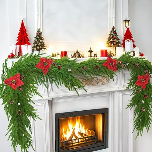 Norfolk - Guirnalda de pino artificial de 6 pies con bolas de piñas de pascua, guirnalda de invierno para chimenea, escaleras, escaleras, decoración
