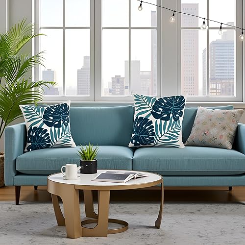 Miniatura 6 de Tosleo Juego de 2 fundas de almohada bordadas con hojas tropicales azules de 18 x 18 pulgadas, fundas de almohada de hojas de palma Monstera para