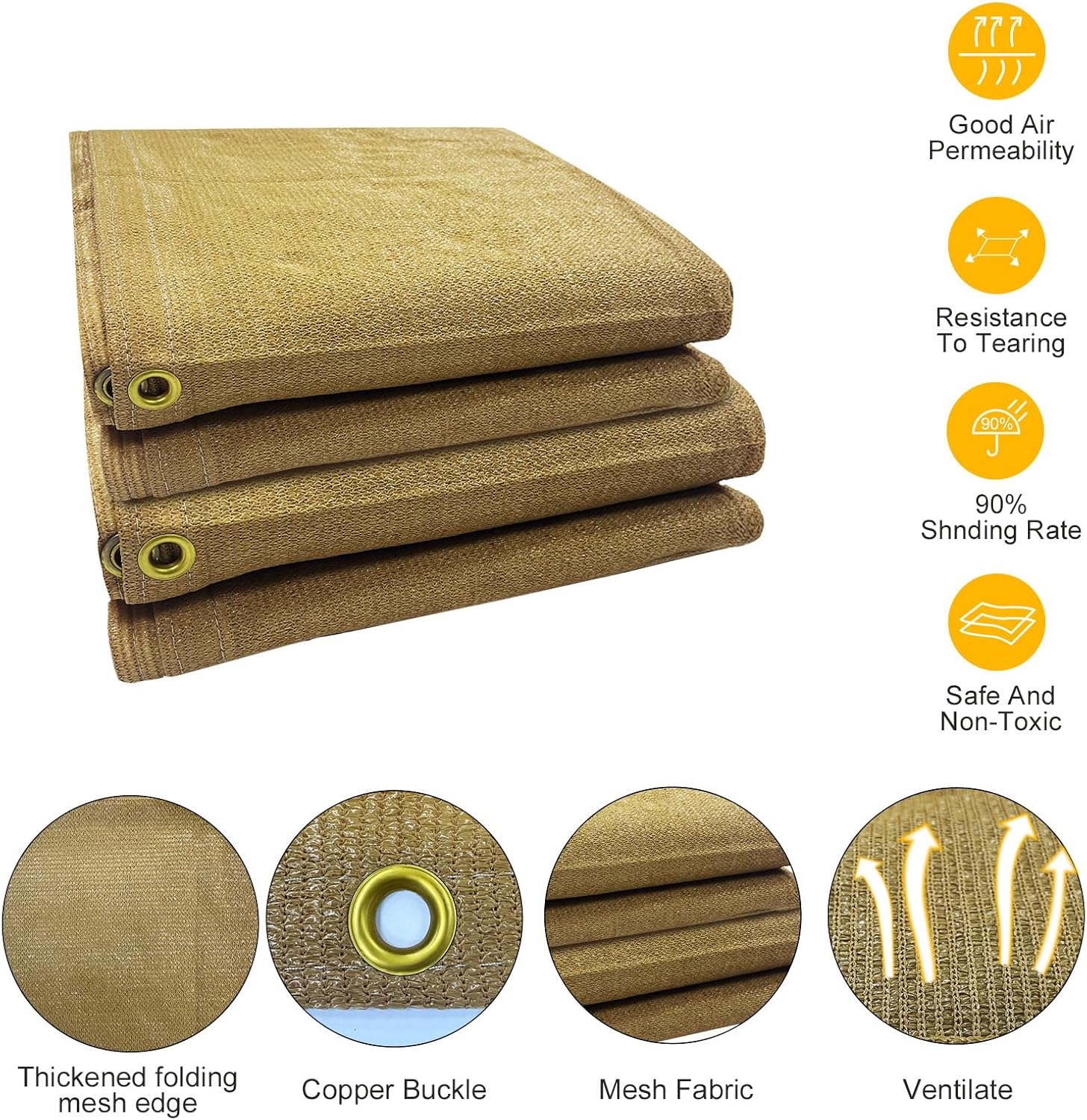 90% Sun Shade Cloth with Grommets, Pergola Replacement Shade Cover Canopy, Mesh Tarp Sun Screens for Outdoor Patio Garden (Sand, 10x10FT)