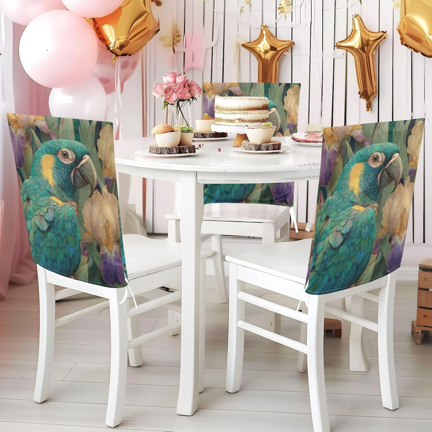 ALAZA Iris Flowers and Parrot Birds Chair Back Cover Set of 6, Washable Reusable Removable Chair Slipcovers Decorative Chair Cover for Home Kitchen Wedding Party