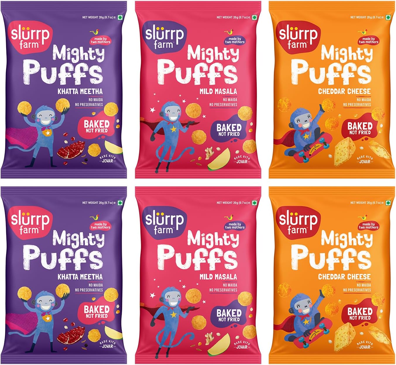 Slurrp Farm Mighty Jowar Puffs | Khatta Meetha, Mild Masala and Cheddar Cheese | Not Fried, No White Flour| 6 x 20g packs | Healthy Snacks for Kids, School Tiffin and Travel-Friendly