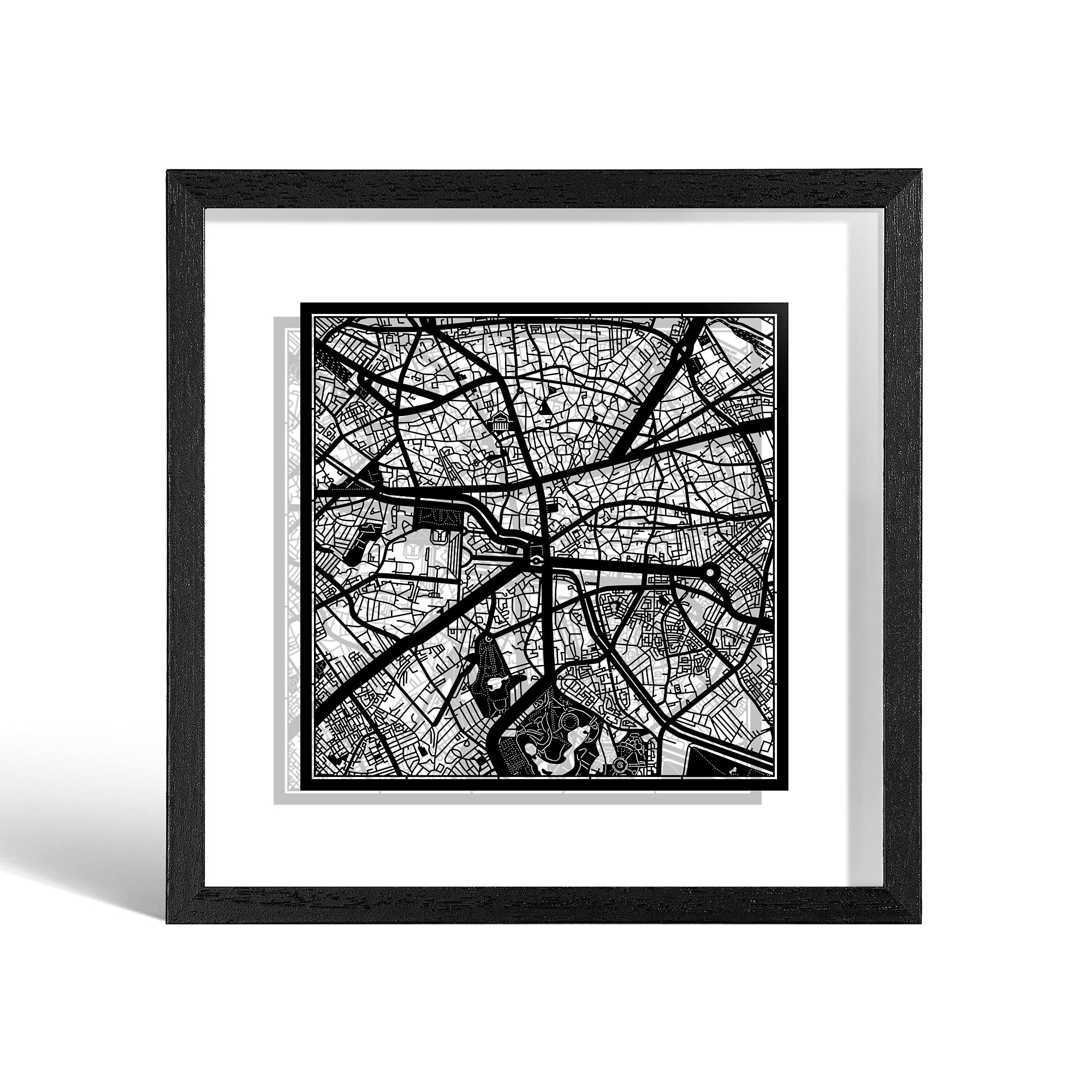 O3 DESIGN STUDIO Bucharest Paper Cut Map framed, Black map, Black frame, 23x23 cm, Gift Boxed, 2 background color, self-changing, Paper Art