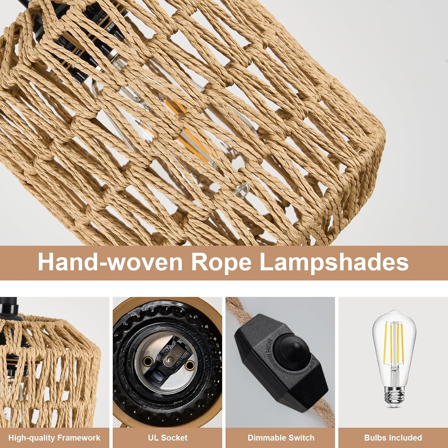 Plug in Pendant Light with 6W LED Bulb Warm light(3000K)Dimmable Switch Cute Rattan Hanging Lamp Cord 15ft Hand Woven Wicker Plug in Chandelier Boho Hanging Lights Fixture for Bedroom kitchen