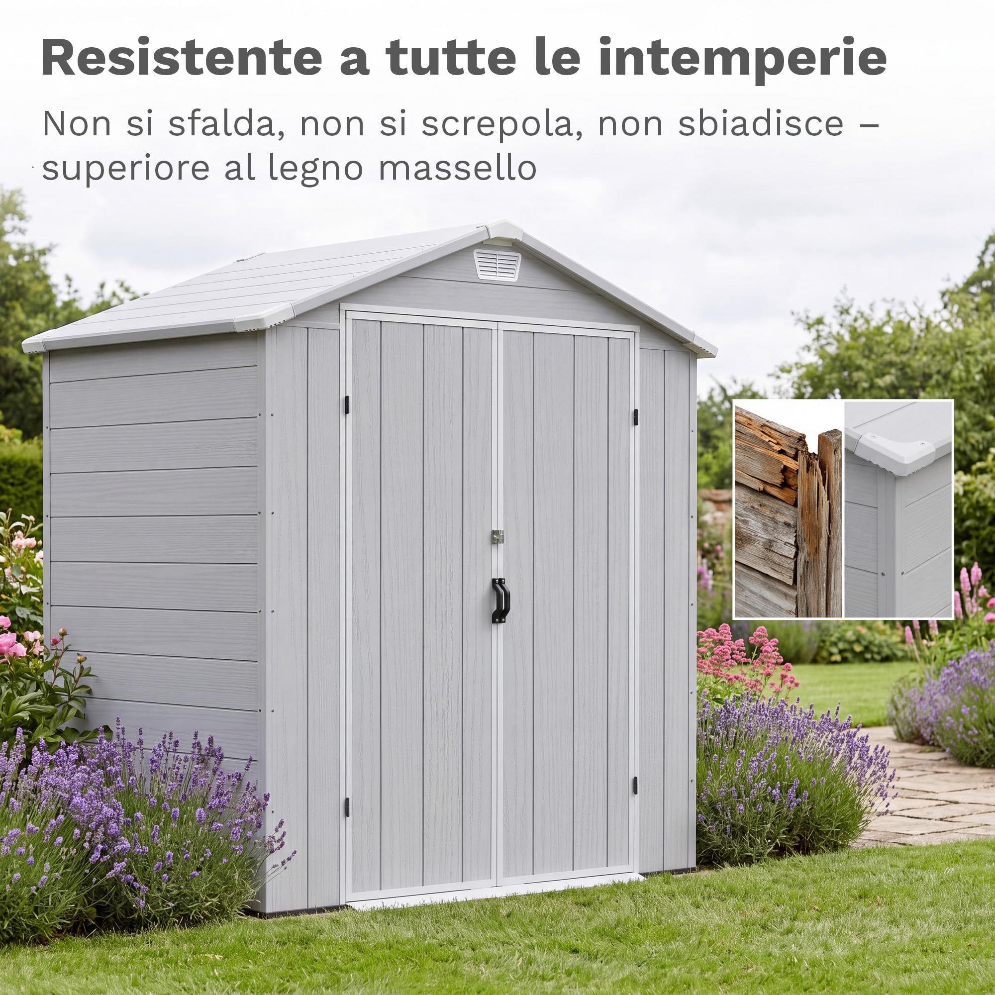 JUMMICO Casetta da Giardino in Resina 195x128x211 cm, Capanno Attrezzi Impermeabile Anti-UV con Ventilazione Integrata, Facile Montaggio, Ideale per Terrazzo e Balcone, Grigio