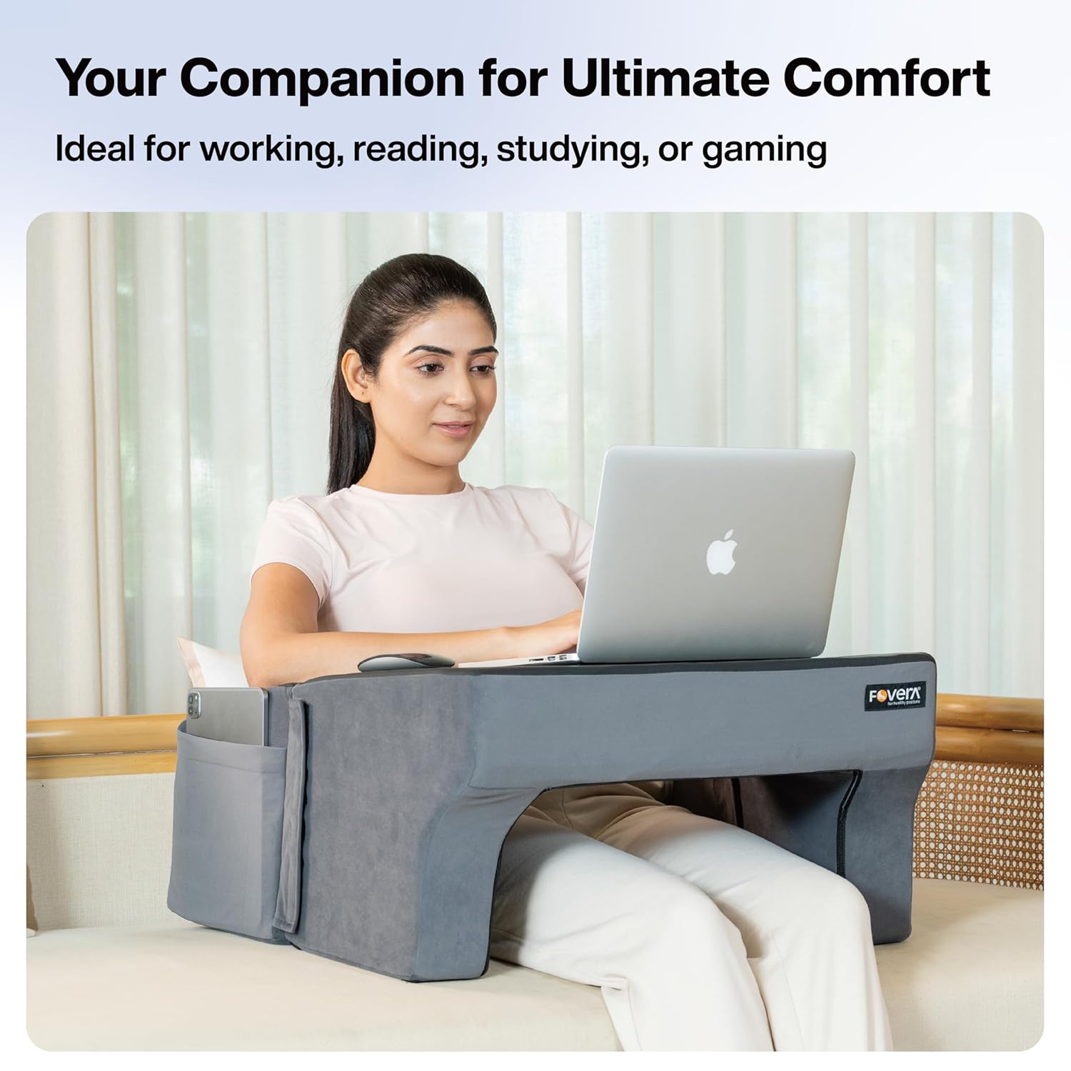 FOVERA Lap Desk Pillow | Height Adjustable, Soft & Comfortable Armrest, Easy to Store | for Working on Laptop, Reading & Gaming | Work from Home Pillow | Perfect for Using on Bed, Sofa & Floor (Grey) 38 81GGpy+JkEL. SL1500