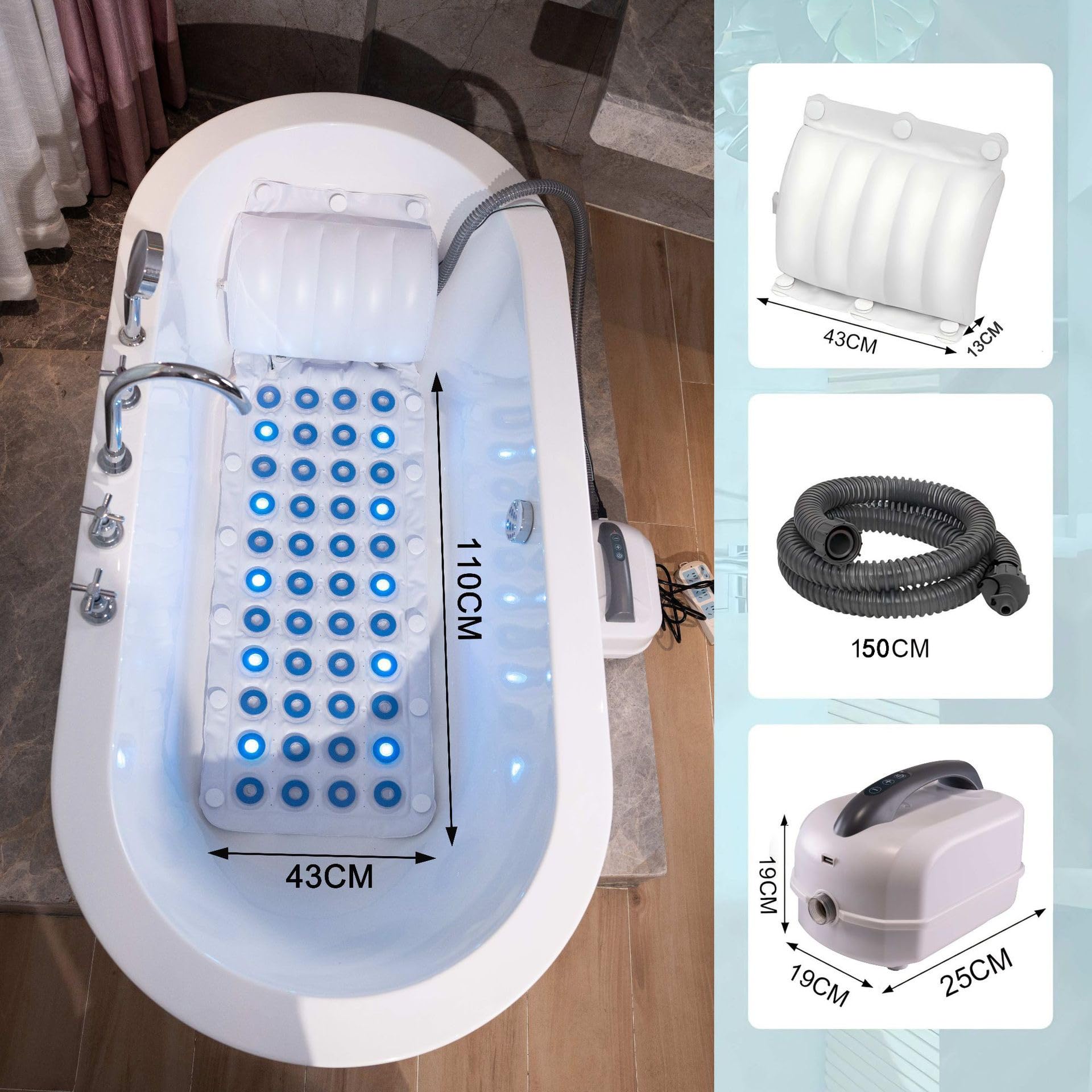 Tappetino da bagno a bolle, tappetino da massaggio per tutto il corpo con luce ambientale antiscivolo, telecomando e cuscino per vasca, 6 velocità regolabili a bolle, adatto per vasche da