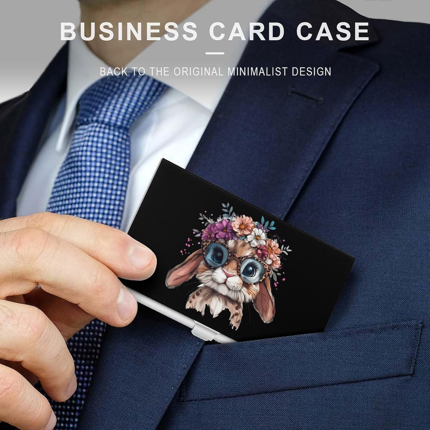 Bunny Leopard Glasses with Flower Crrown Business Card Case Pocket Card Holder Slim Card Wallet for Men Women