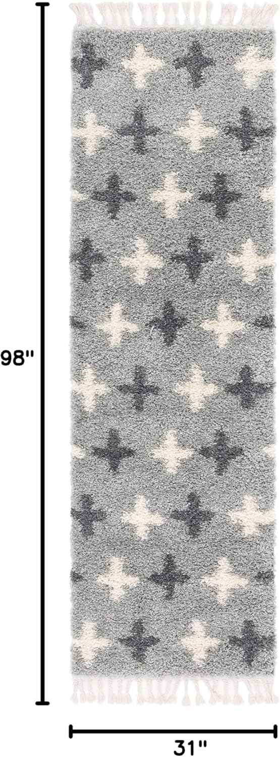 Unique Loom Hygge Shag Collection Modern Moroccan Inspired, Geometric Design, Plush & Cozy Area Rug (2' 7 x 8' 2 Runner, Light Gray/ Ivory)