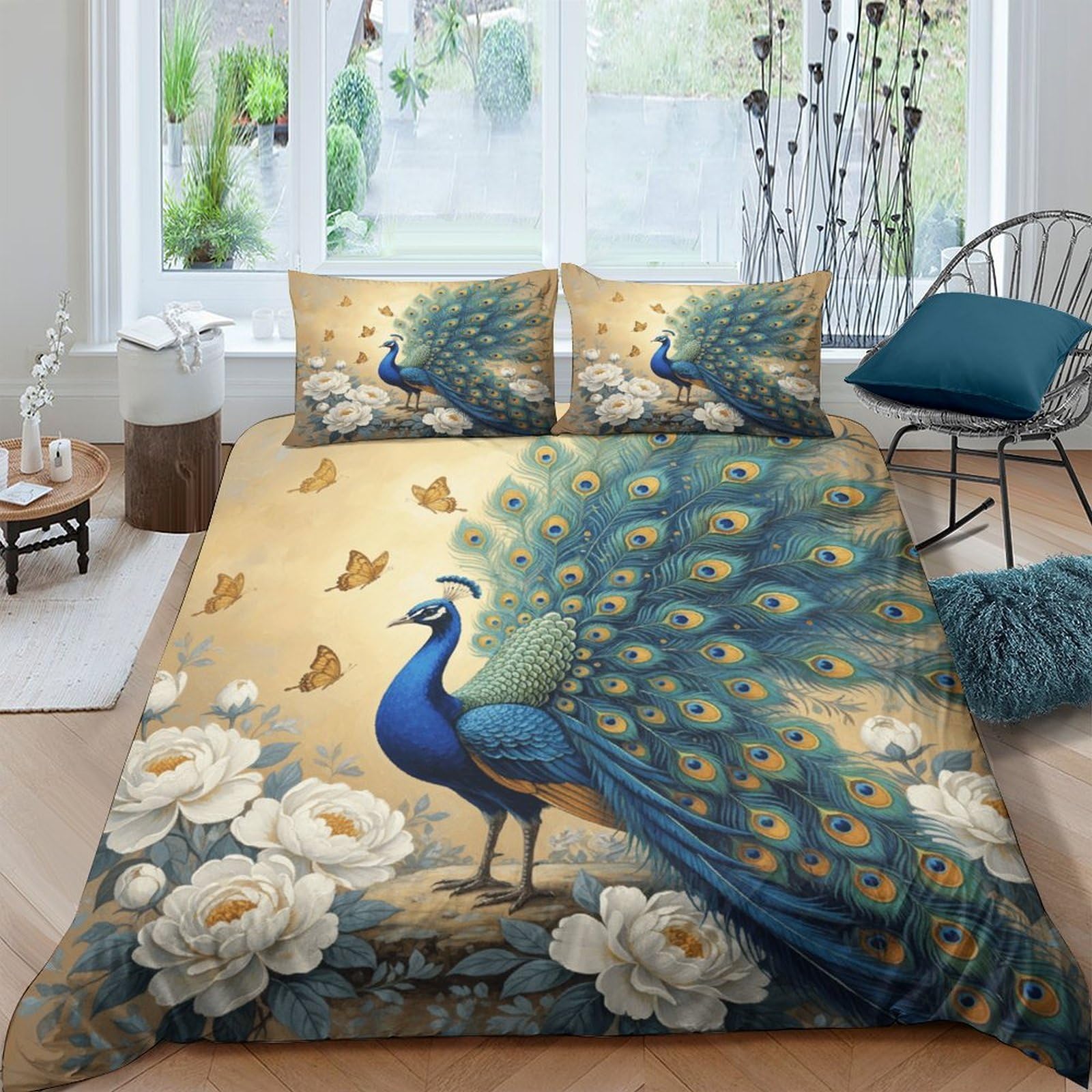 Ctjqhvkz Style-2 3D Printed Peacock Garden Fitted Sheet Microfiber Soft Breathable Butterfly Bed Cover For Bedroom Guest Room Decor Single（135X200cm）