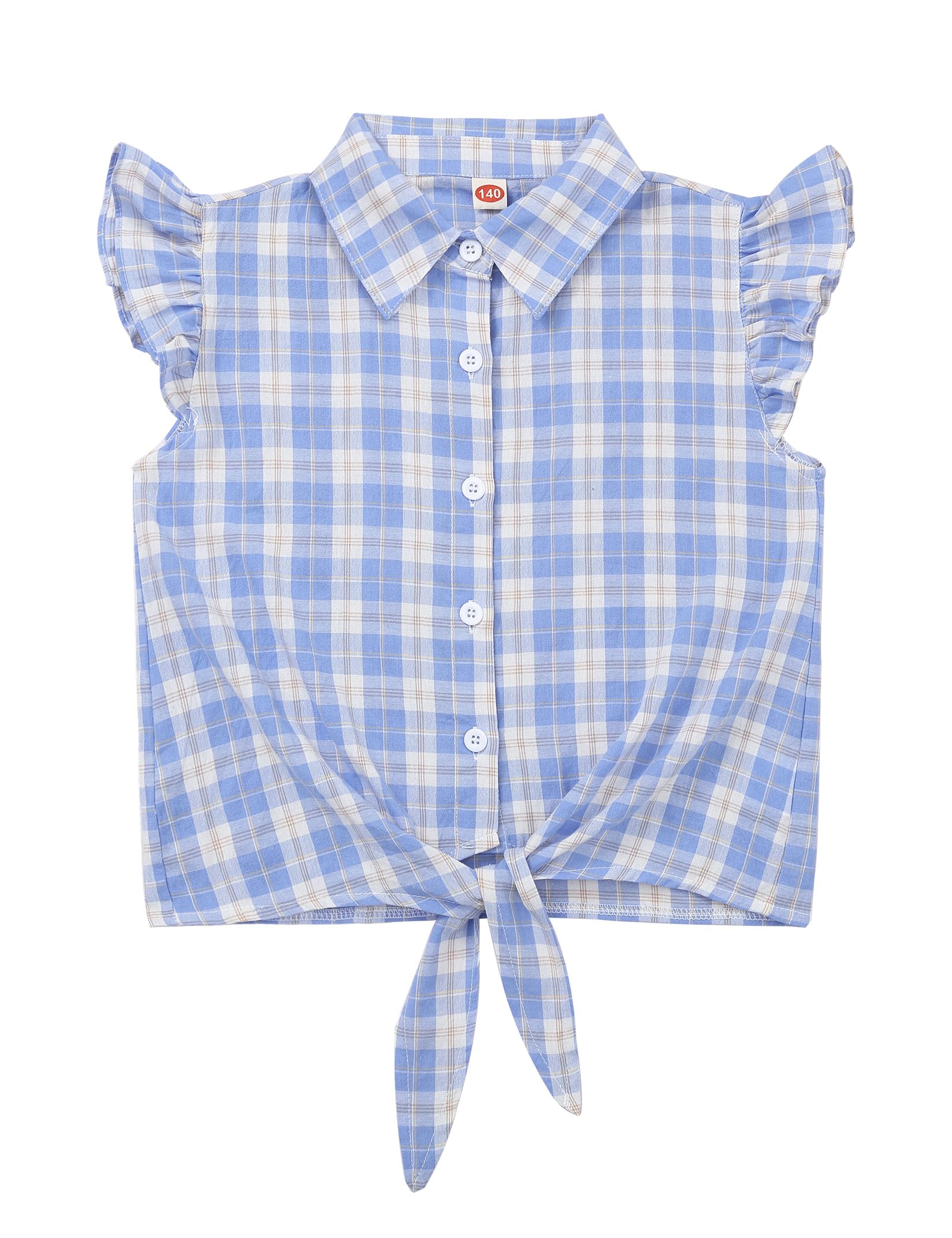 Girls Sleeveless Plaid Button Down Shirt Summer Crop Tops Tie Knot Ruffle Sleeve Shirt Blouse 3-12Y