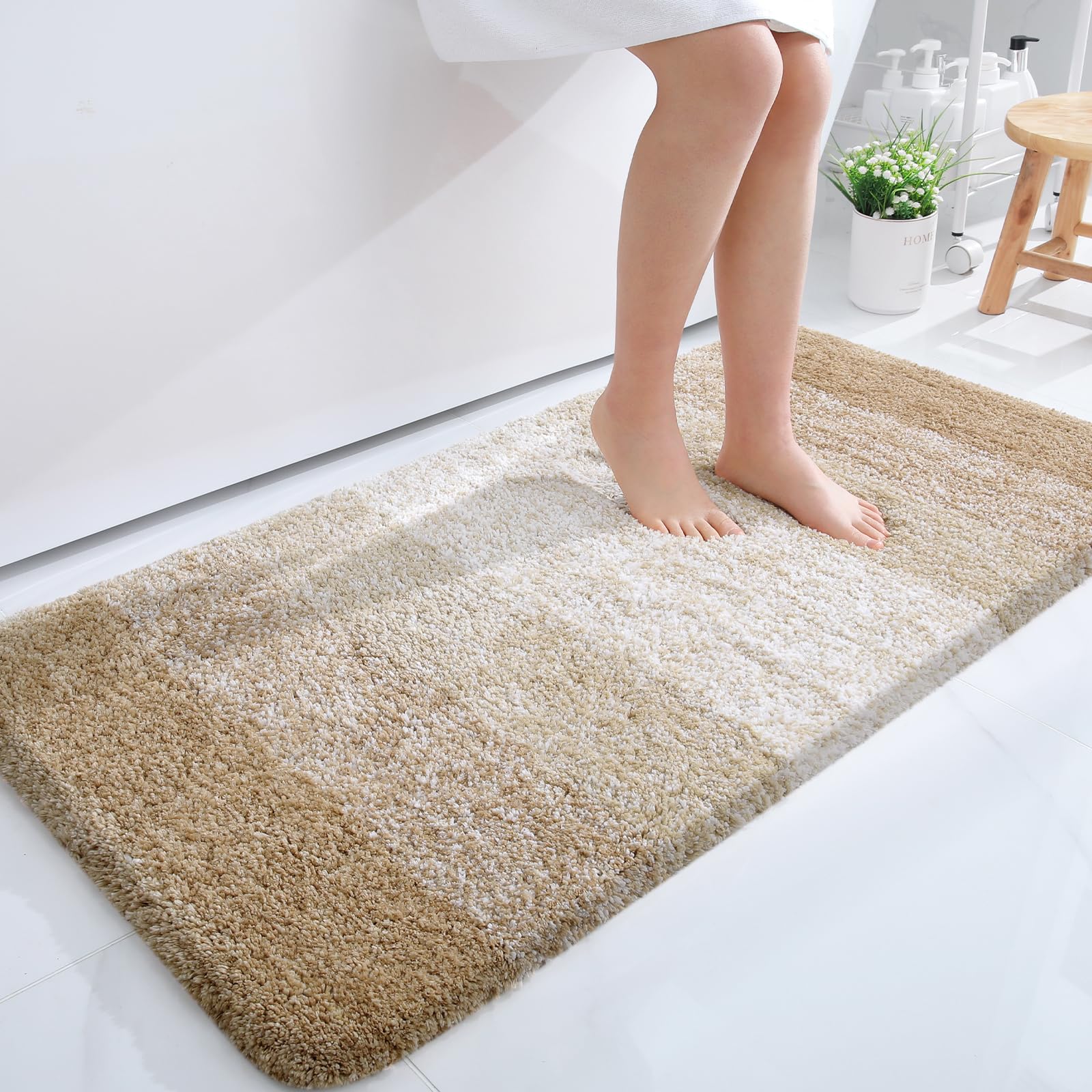 OLANLY Bathroom Runner Rug 47x24, Extra Soft Absorbent Microfiber Bath Rugs | Tan, Non-Slip Quick-Drying Rubber Backing, Machine Washable Long Bath Mat for Floor, Tub and Shower, Home Decor Accessories