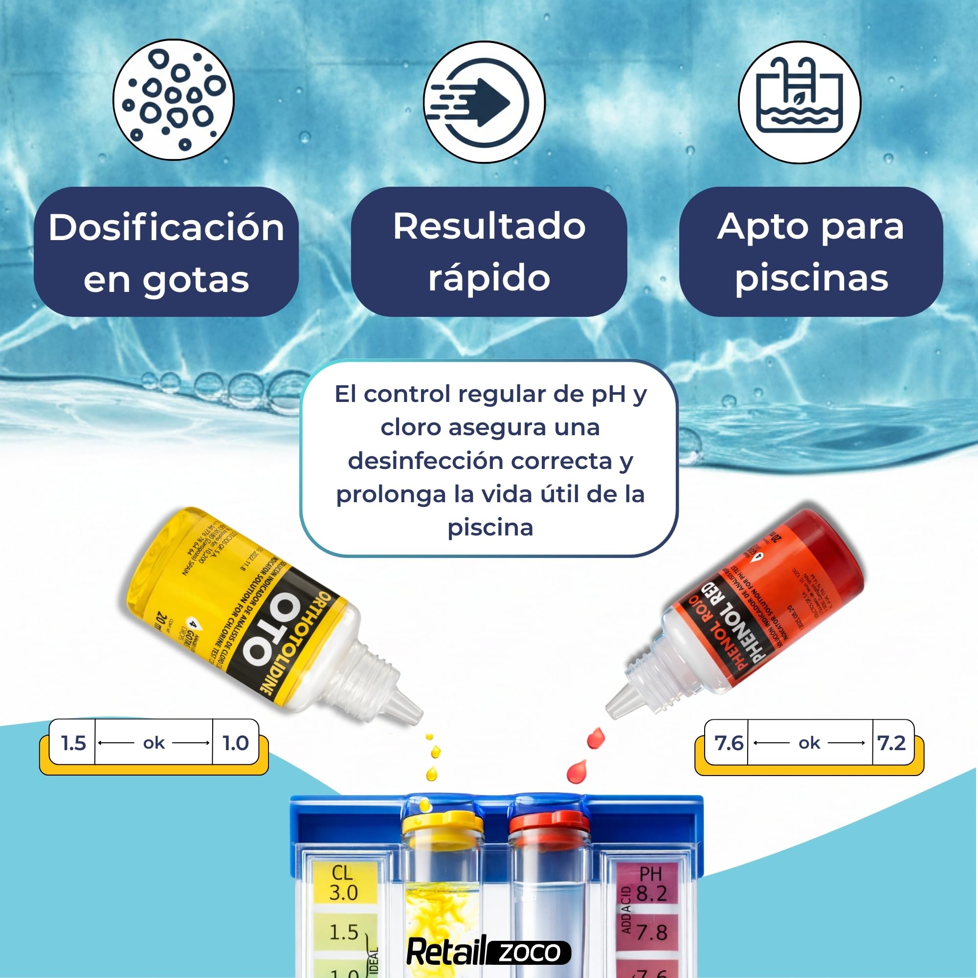 Test Kit Cloro y pH, Medidor del Cloro y PH del Agua de la Piscina, Accesorios Piscina Básico, Apto para cualquier tipo de agua, Contiene Phenol y OTO en gotas — view 3