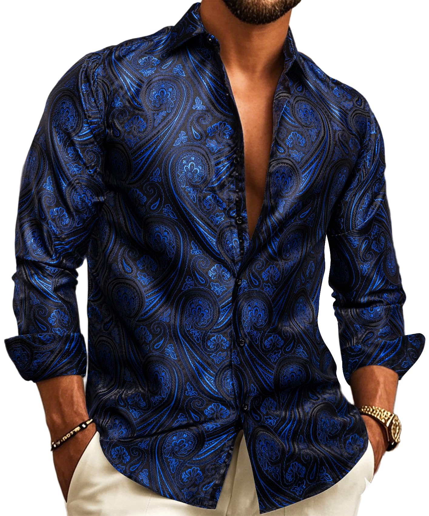 Barry.Wang Men Dress Shirts Paisley Silk Long Sleeve Button Big and Tall Down Shirt Fashion Leisure Wedding Party Prom