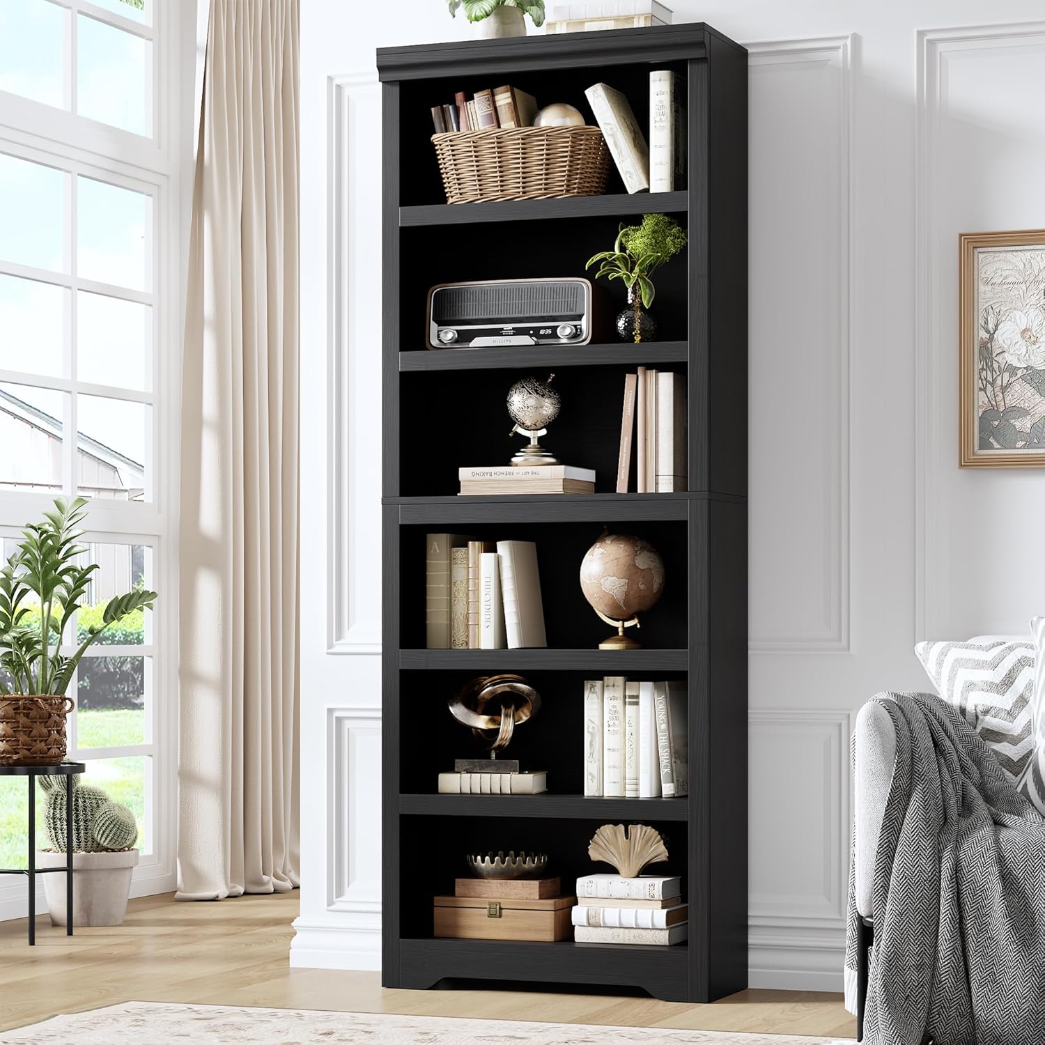 6 Tier Bookshelf, 75" Tall Farmhouse Bookcase - with Adjustable Shelves, Floor Standing Open Display Storage Rack with Anti-Slip Design for Home Office, Balcony, Library, Study / Living Room, Black