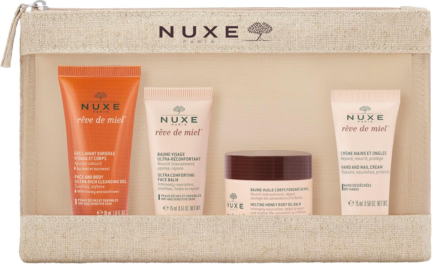 Nuxe Indulge in Rêve de Miel Christmas Gift Set – Face & Body Cleansing Gel 30ml, Comforting Face Balm 15ml, Honey Body Oil Balm & Hand & Nail Cream 15ml – Travel Skincare Set to Repair & Nourish