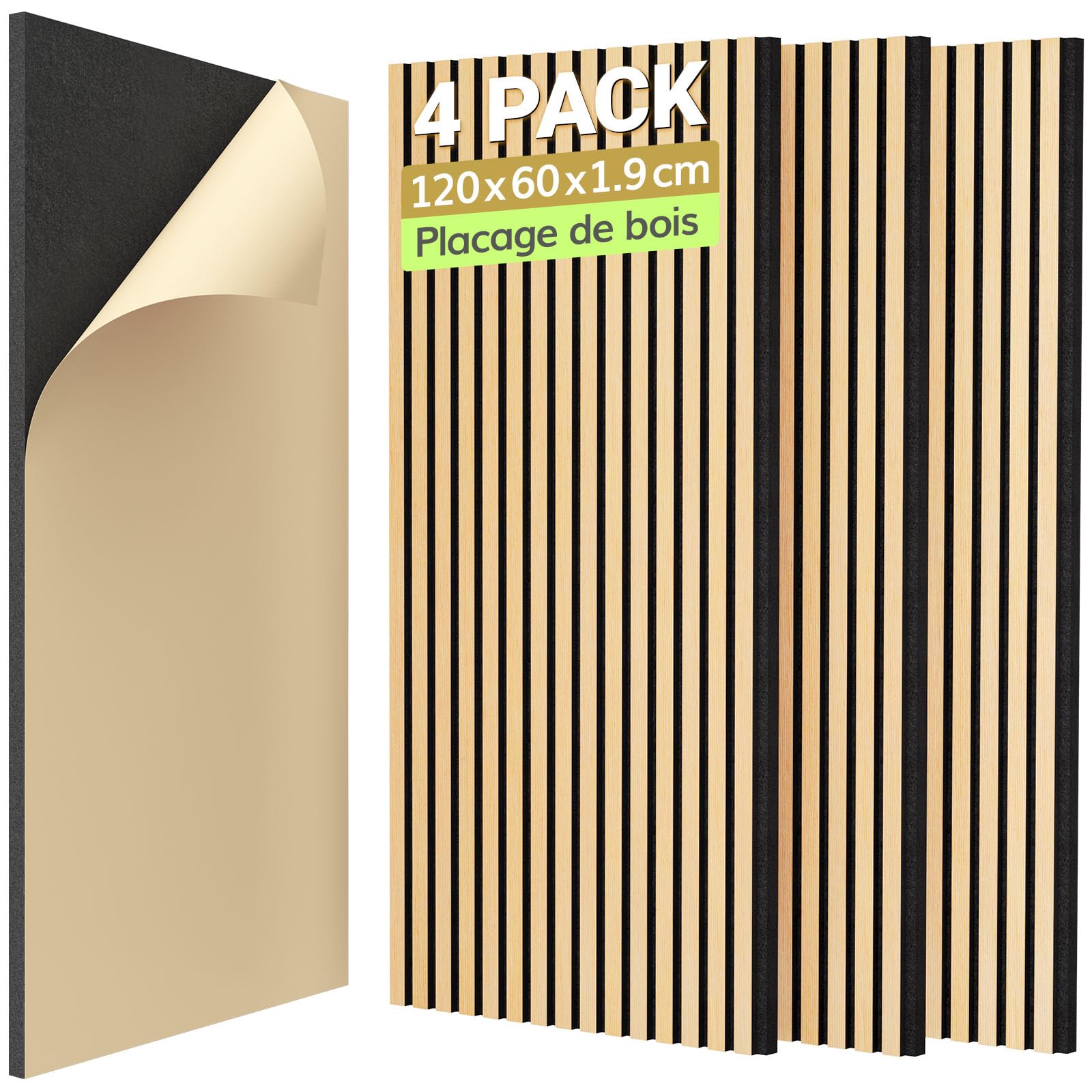 TONOR Lot de 4 Panneau Acoustique en Placage de Bois, 120x60x1,9 cm, Dalle Murale Autocollante, Absorption de L'écho, Mousse Décoratif en 3D, Panneaux Insonorisants pour le Salon, le Bureau, Chêne