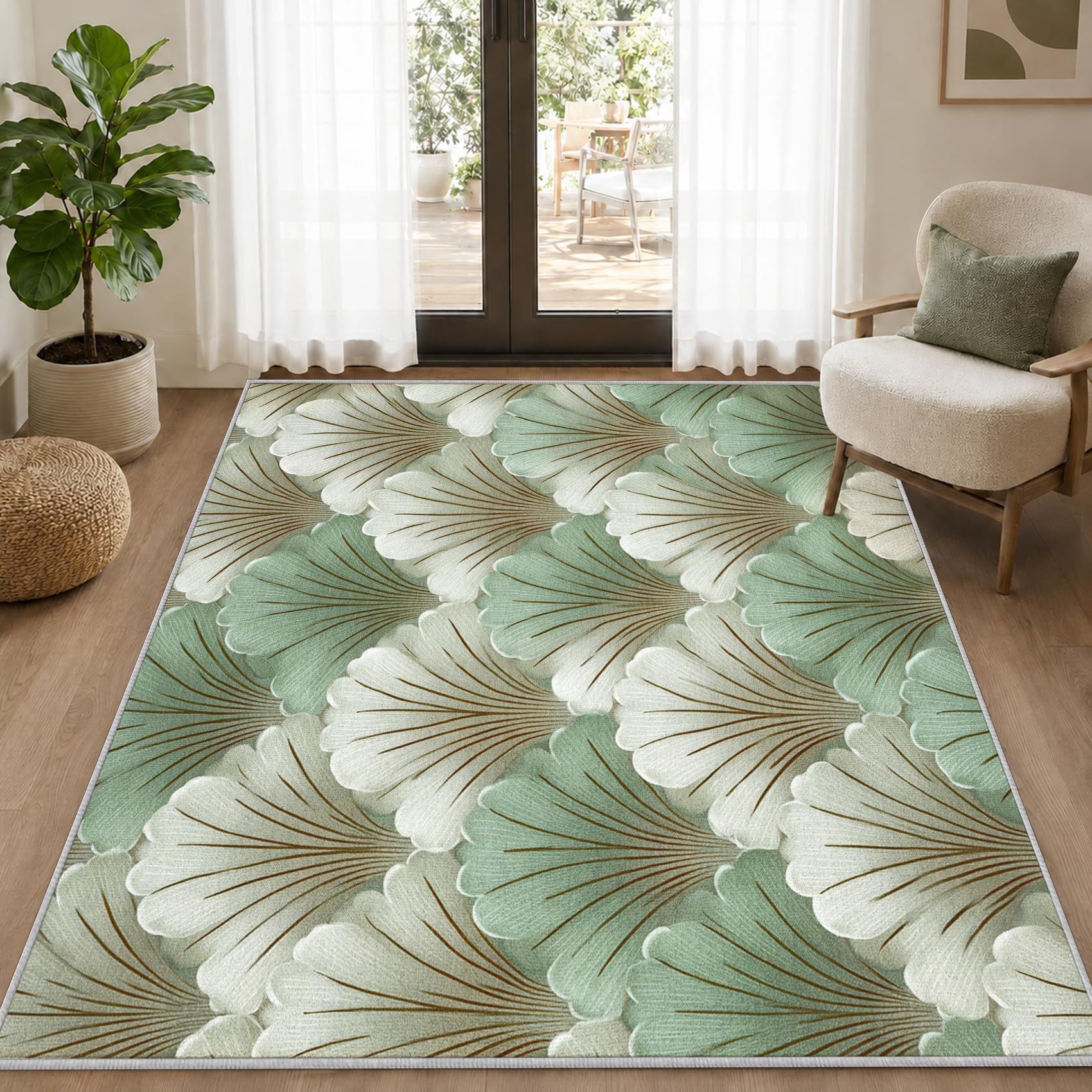 Tapis Salon Feuille Ginkgo 240x300cm Lavable en Machine Antidérapant