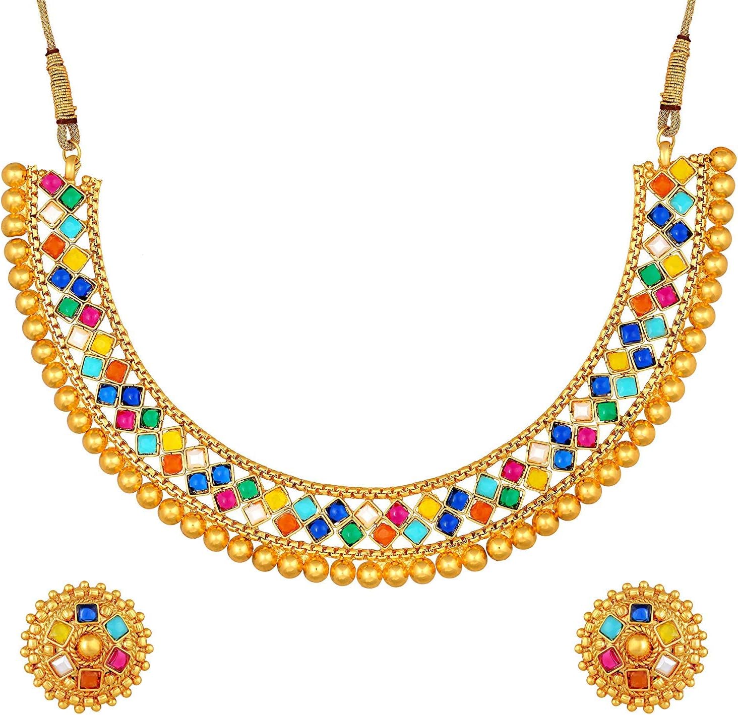 AheliEthnic Wedding Party Wear Gold Tone Faux Stone Studded Necklace with Stud Earrings Set Indian Bollywood Fashion Jewelry for Women