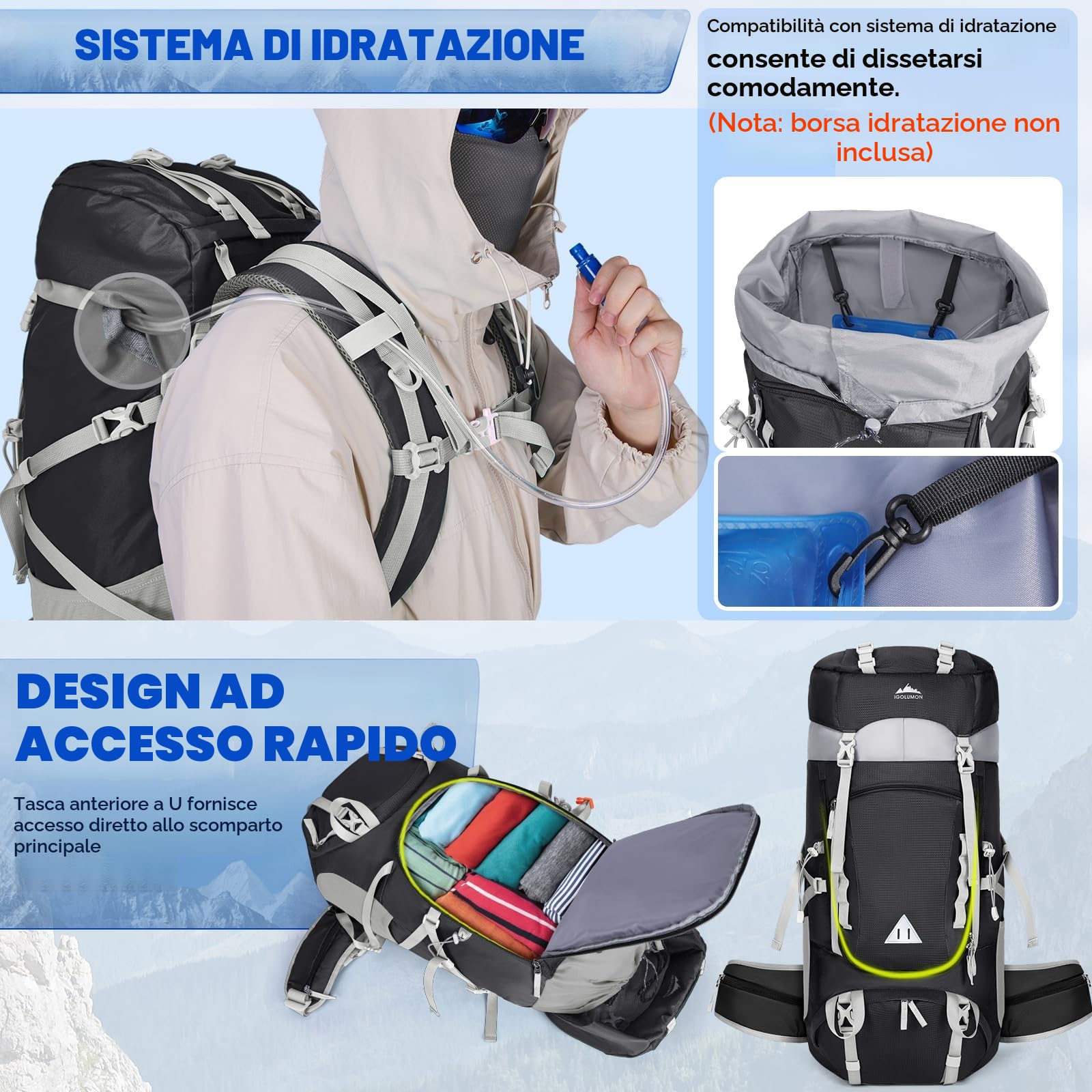 IGOLUMON Zaino Trekking 60 Litri Zaino Montagna Zaini da Hiking con Copri Pioggia per Uomo Donna Zaino da Campeggio Viaggio Escursione