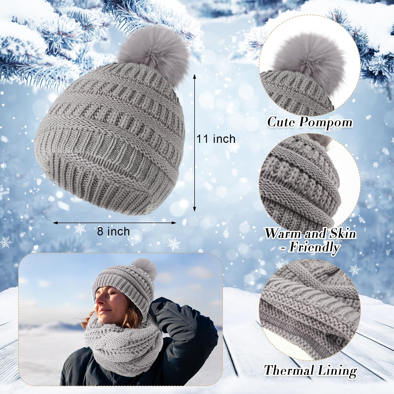 Liitrsh Juego de 12 gorros de invierno para mujer, gorro, bufanda, guantes de punto, calentador de cuello, guantes para pantalla táctil, cómodos, suaves y cálidos