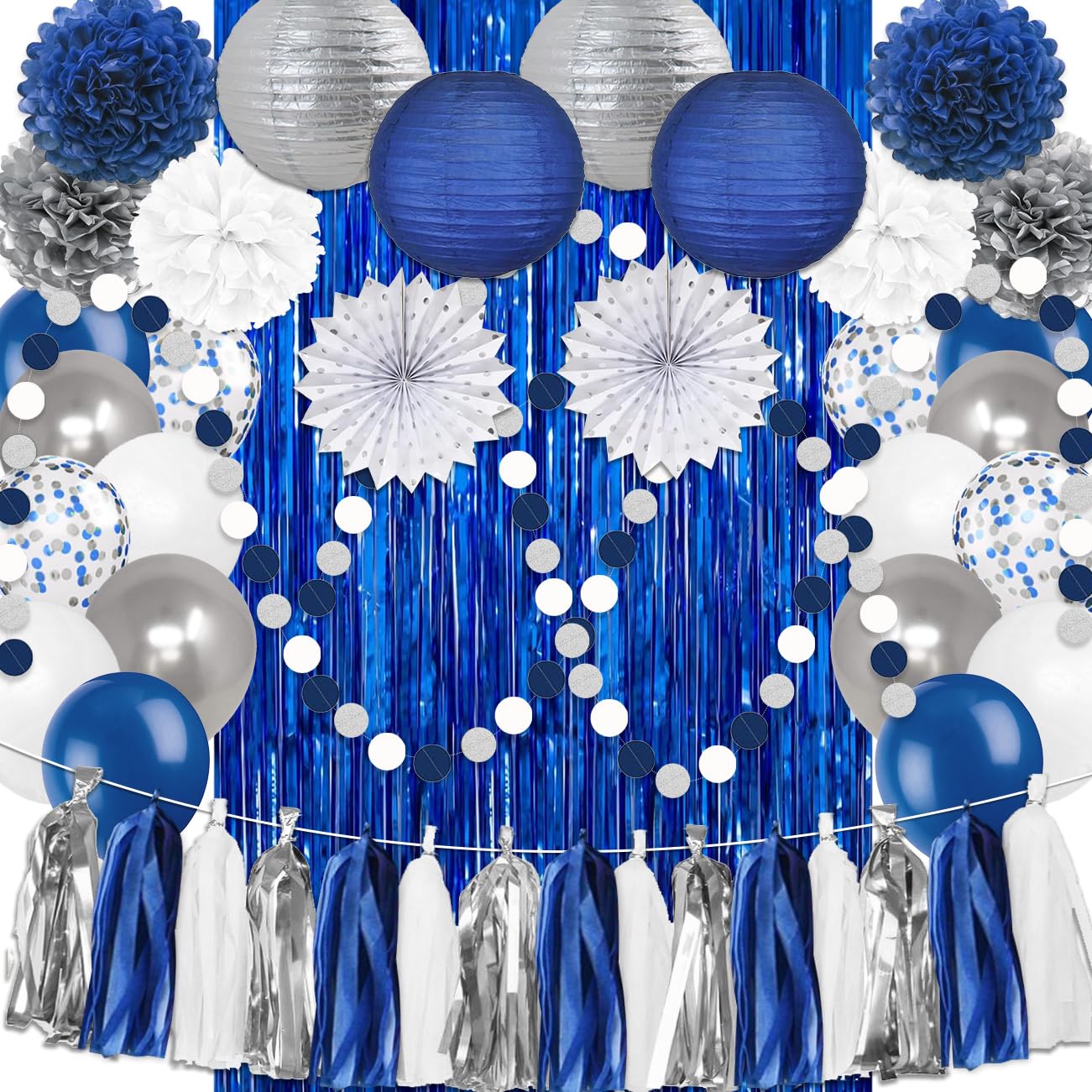 Navy Blue White Silver Party Decorations,46pcs Kit Balloon Paper Pompom Tassel Garland Men Blue and Silver Graduation Decorations Wedding Baby Bridal Shower Birthday Decor
