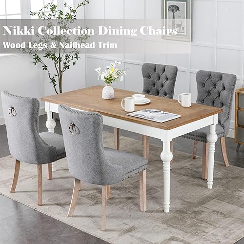 Miniatura 3 de Juego de 2 sillas de comedor tapizadas de tela de lino con borde trasero de tracción y patas de madera maciza, silla de cocina copetuda de lujo para