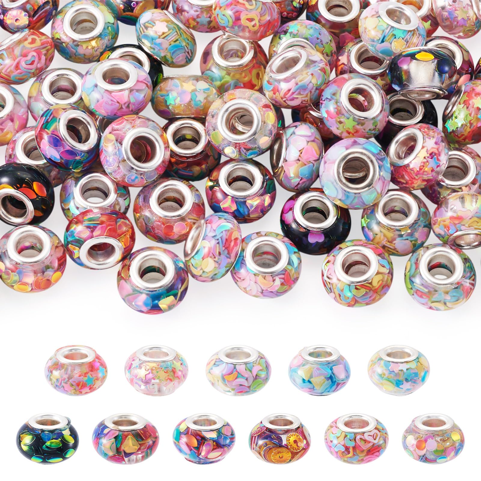 66Pcs Resin European Beads Large Hole Resin Beads Colorful Rhinestone Craft Bead Fairy Wand Garden Bead for Pen Bracelet Earring Jewelry Making