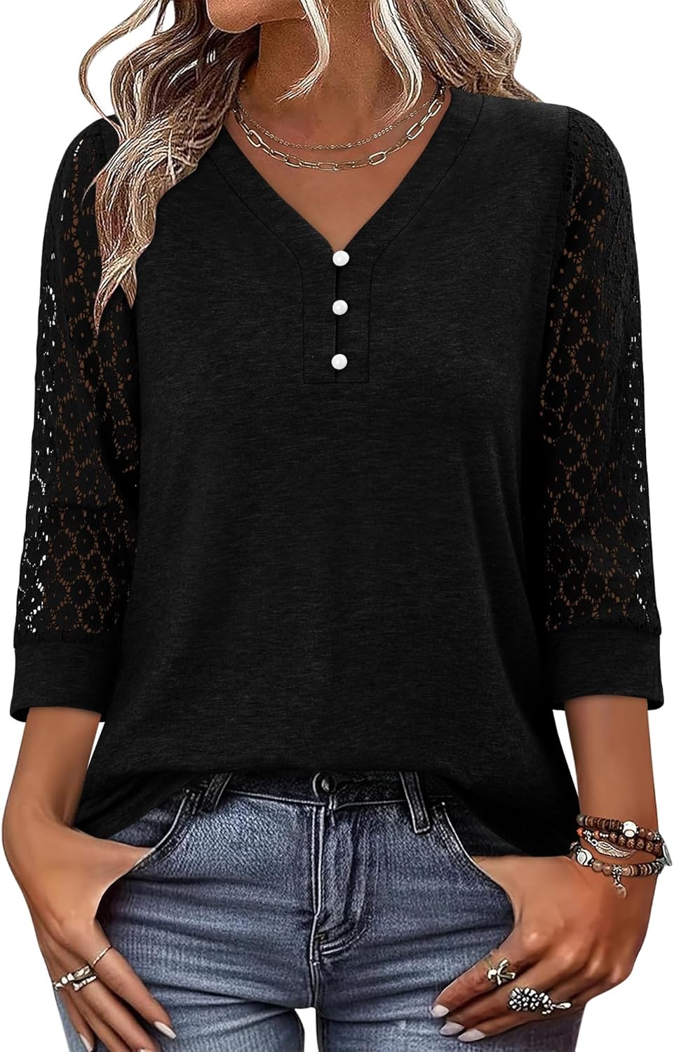 CRAZY GRID 3/4 Length Sleeve Womens Tops V-Neck Lace Tunic Button Down Business Casual Blouses Fall Trendy Outfits 2026 S-XXL