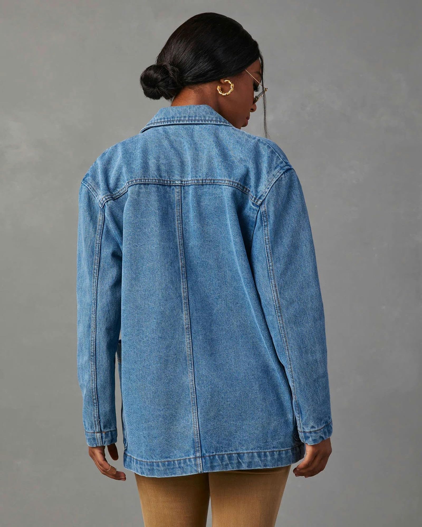 Giacca Jeans Donna Giacca di Denim per Le Donne, Manica Lunga Lapel Washed Denim Giacca delle Donne Suit Denim Giacca-Blu-XXL