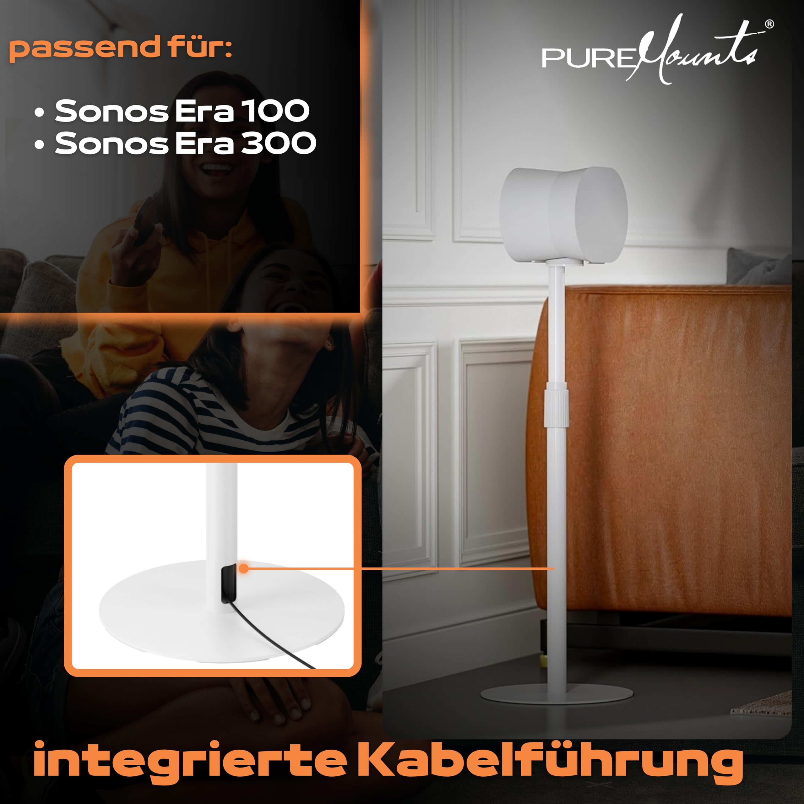 PureMounts Soporte de Altavoz Ajustable en Altura para Sonos Era 100 & 300, Soporte de Altavoz con organización de Cables, Capacidad de Carga de 5 kg, Blanco