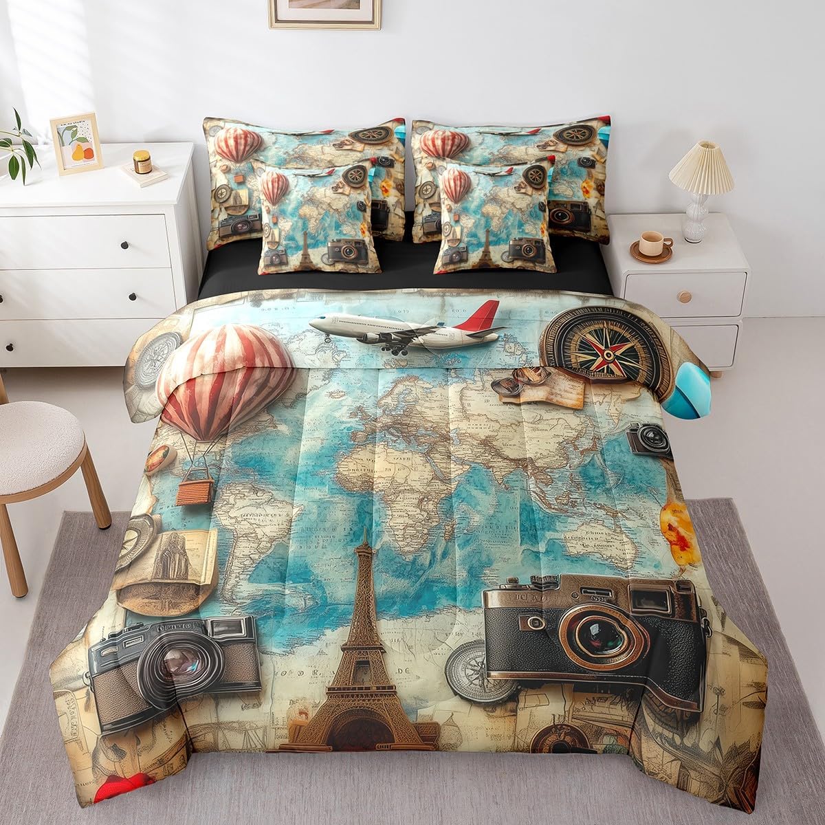 Adventure Travel Bed in a Bag Comforter Set,Hot Air Balloon Airplane Full Size 7 Pieces for Kids Teens,Vintage Camera Eiffel Tower Bedding Set with Comforter, Sheet Set, Pillowcases, Pillow Covers